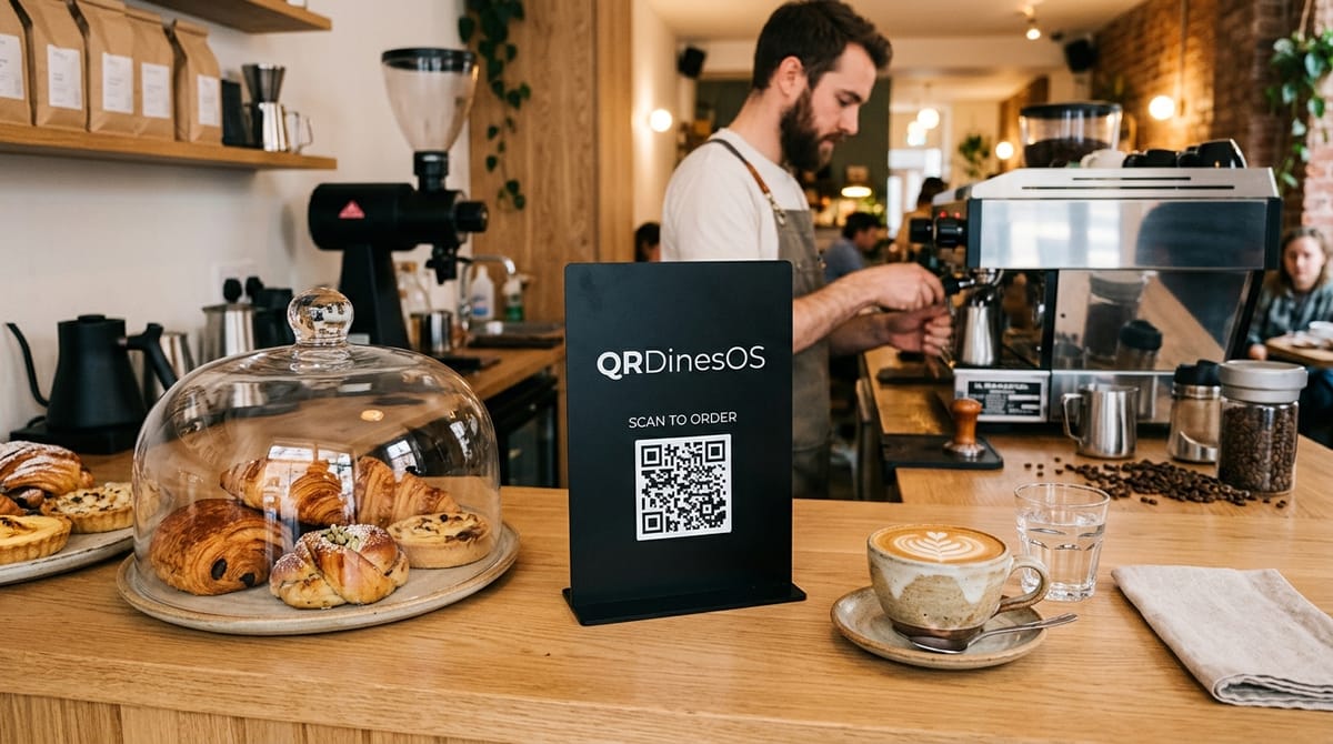 Modern specialty café coffee bar counter with tablet ordering station