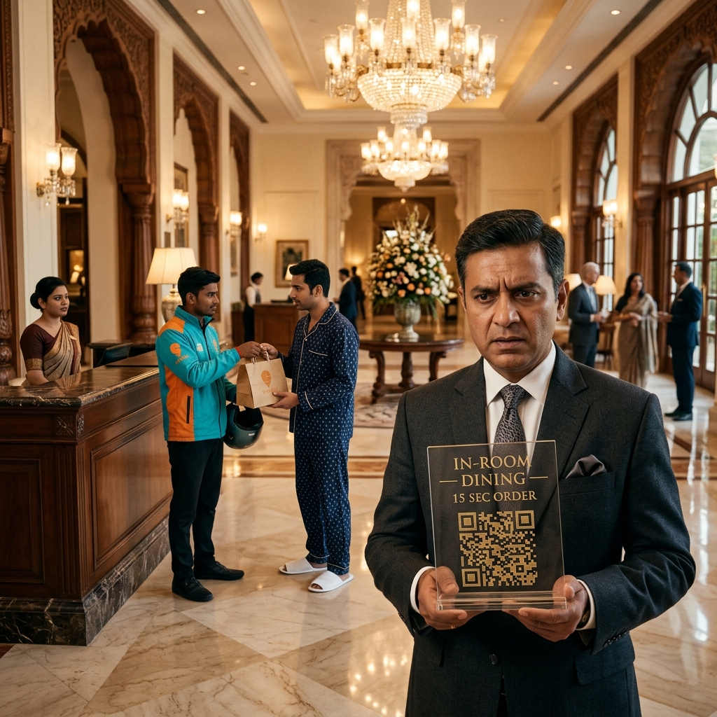 Outside food delivery courier in luxury hotel lobby handing food parcel to hotel guest while general manager observes with bedside QR stand